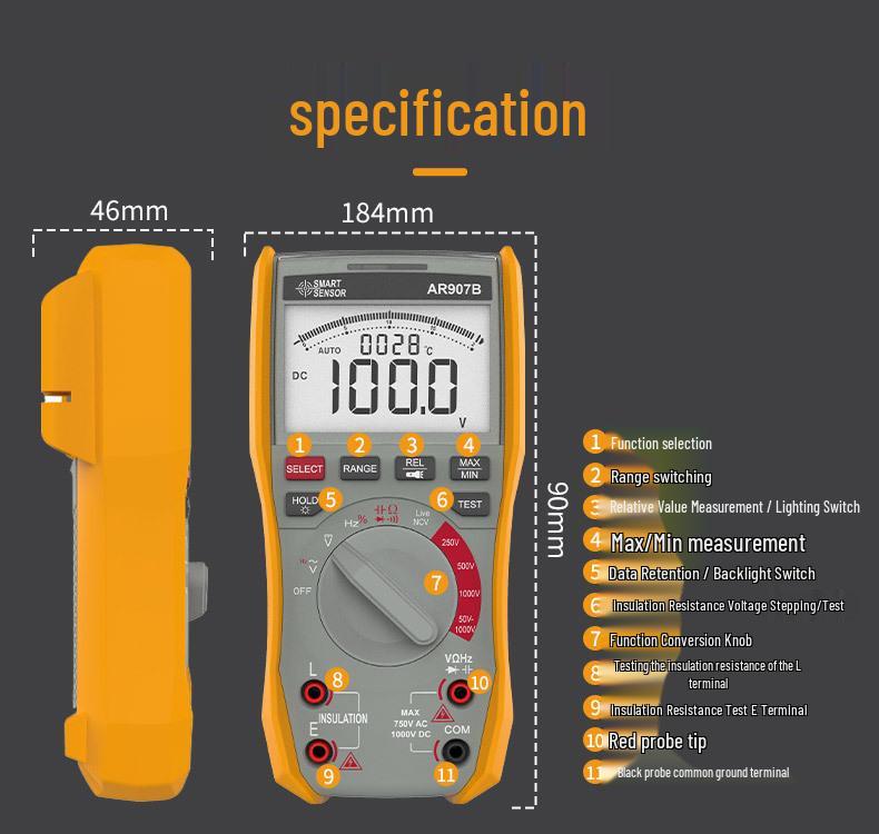 XIMA AR907B Digital Multimeter & Megohmmeter - Electrician's High-Precision Insulation Tester