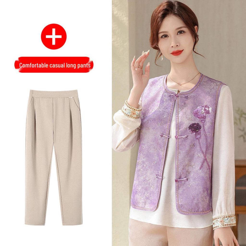 Elegant Spring National Style Two-Piece Vest Set for Mother's Day - Chic Middle-Aged & Elderly Women's Fashion