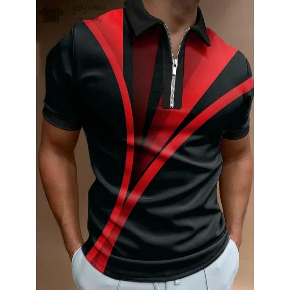 Men's T-shirt Summer Zipper Polo Shirt Stripe Pattern T-shirt Short Sleeve Collar Top Casual