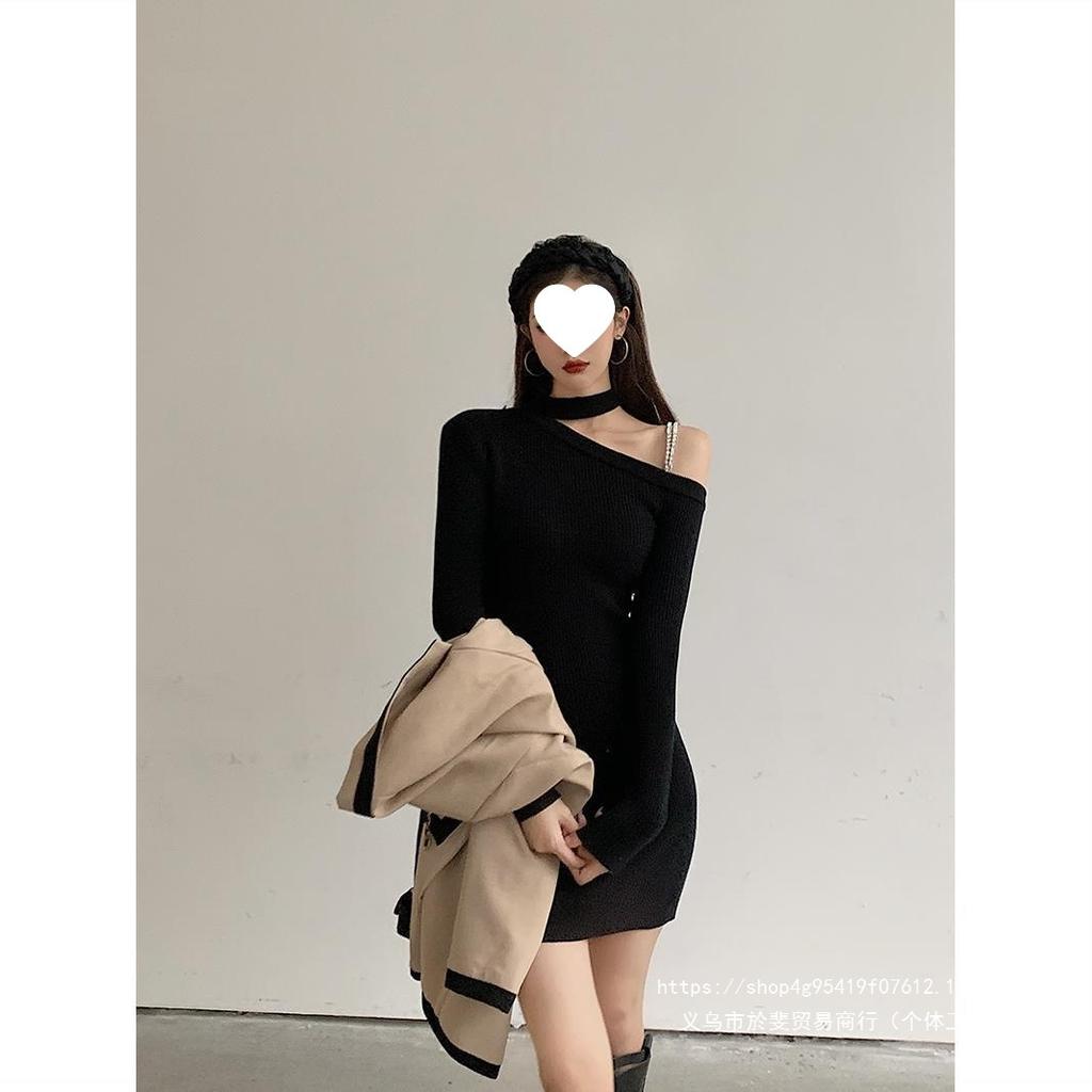 Knitted dress women's autumn and winter with coat hip skirt inner temperament slim-fitting sexy off-the-shoulder long-sleeved bottoming skirt