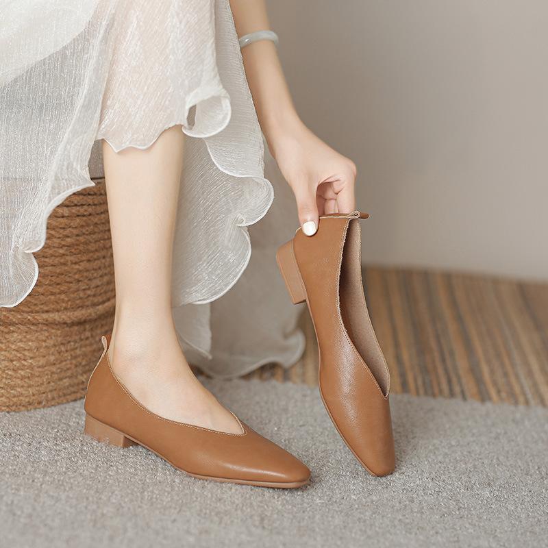 Women's Genuine Leather Multi-Color Low-Heeled Loafers Round Toe Flat Casual Versatile Shoes