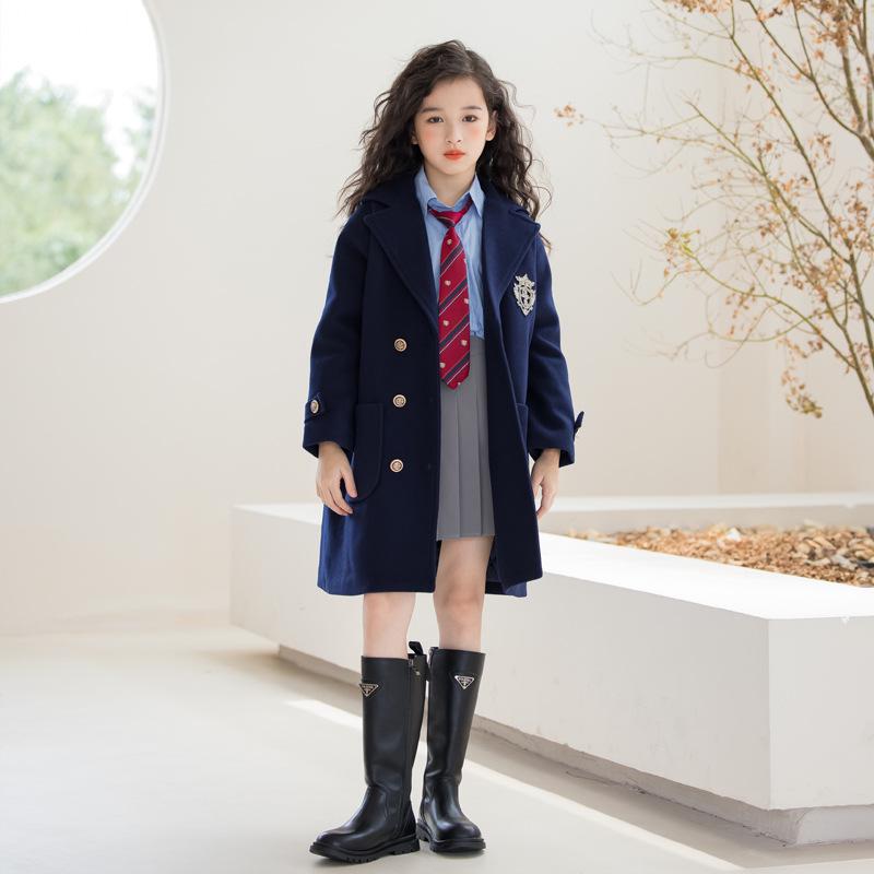 Girls' British College Style Wool Coat - Warm, Thickened, Mid-Length, Cotton-Padded Winter Wear 2025
