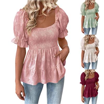 Women's Fashion Color Square Neck Bubble Short Sleeve Waist Set Top
