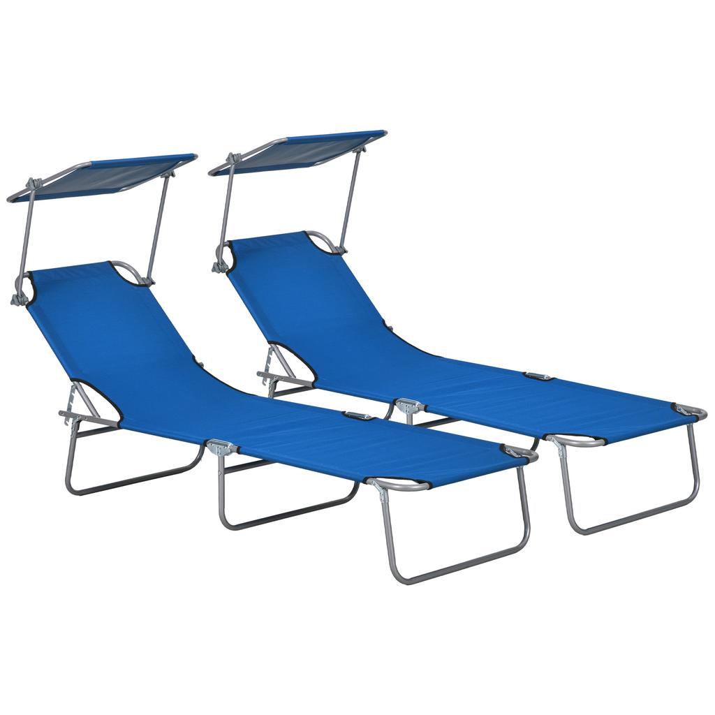 Folding Sun Lounger Set Of 2 With Canopy Reclining Sunbed With 4 Position Adjustable Backrest 600D Oxford Cloth Portable Garden Lounger Recliner