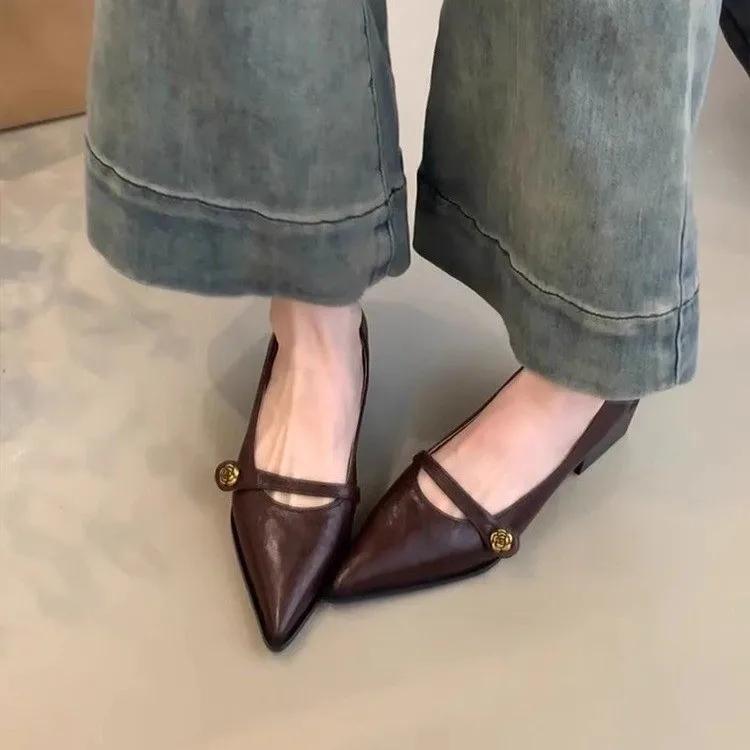 Vintage Low-heeled Shoes Women's Shoes 2025 Spring and Summer New Fashion Gold Buckle Pointed Thick-heeled Small Leather Shoes