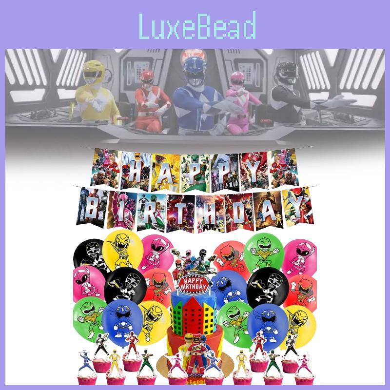 Decorações de Festa de Aniversário dos Mighty Morphin Power Rangers Com Balões de Tema Dinossauro E Bandeirinhas de Bolo Para Meninos
