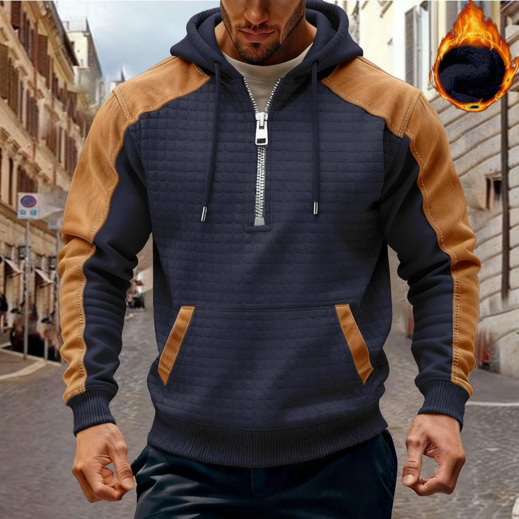 Men's Retro Color Block Velvet Hoodie - Autumn/Winter Trendy Sporty Casual Sweatshirt