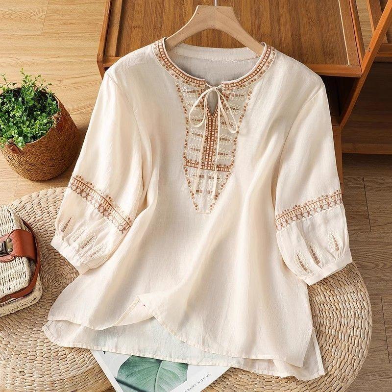 Cotton and Linen Top Women's Summer Embroidered Literary Retro Cotton and Linen Shirt Pullover Three-quarter Sleeve
