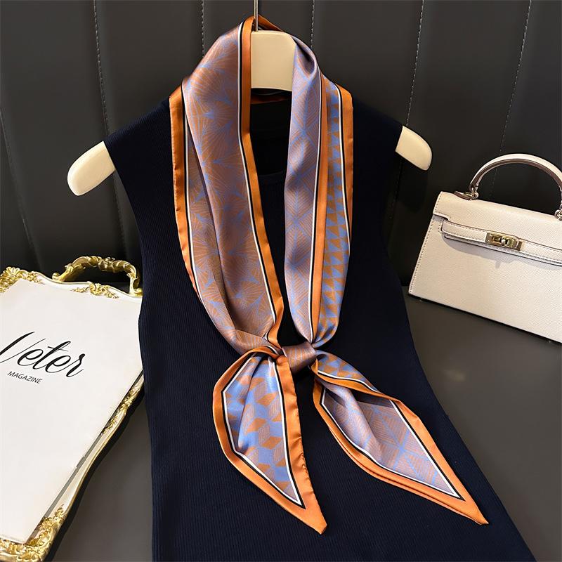 Women Luxury Design Silk Scarf Satin Hair Hairband Tie Neck Scarf Narrow Slanted Ribbon Neckerchief For Wedding Occupation