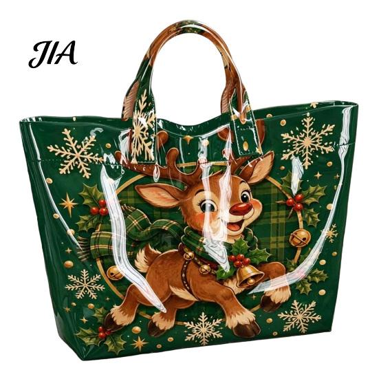 Reinforced Handle Carrying Bag Christmas PVC Tote Bag, Large Waterproof Shoulder Santa Deer Tree Stylish Holiday Gift Print, Reusable Grocery