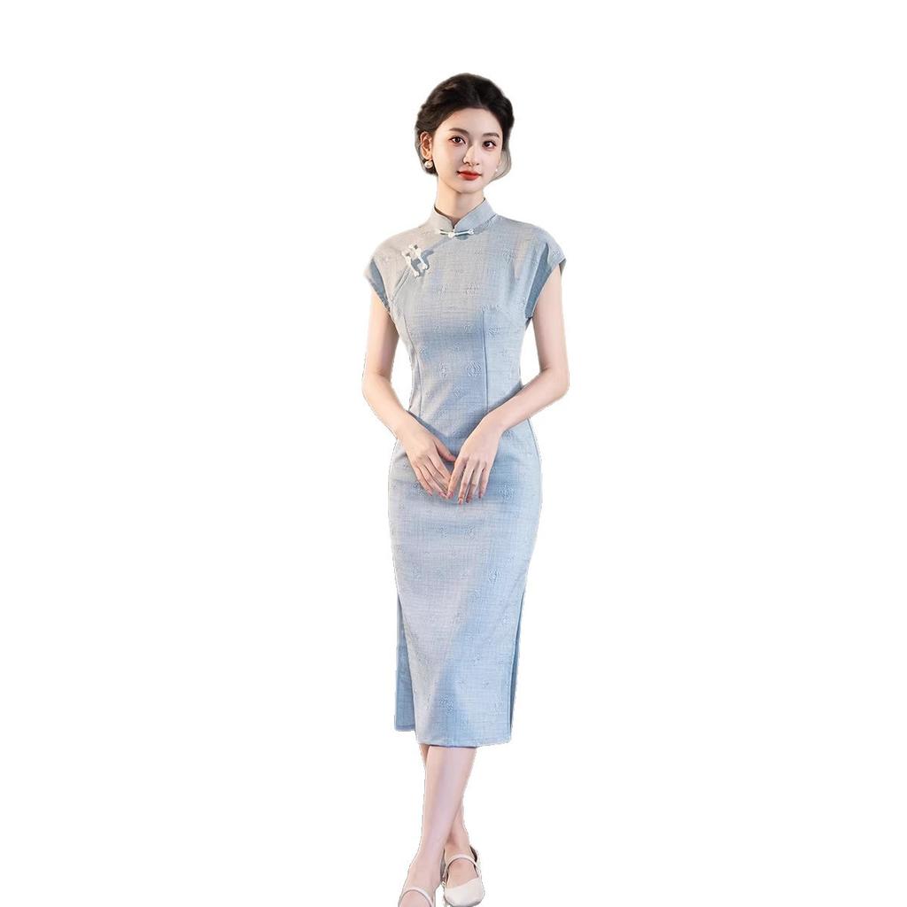 Blue-gray high-end daily women's mother cheongsam 1011 new retro improved Chinese dress party wear