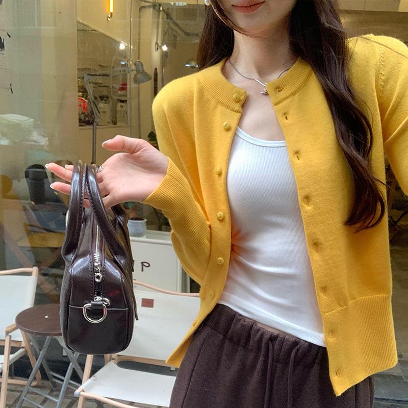

2025 Women s Korean-Style Slim Yellow Knitted Cardigan Sweater for Spring and Autumn