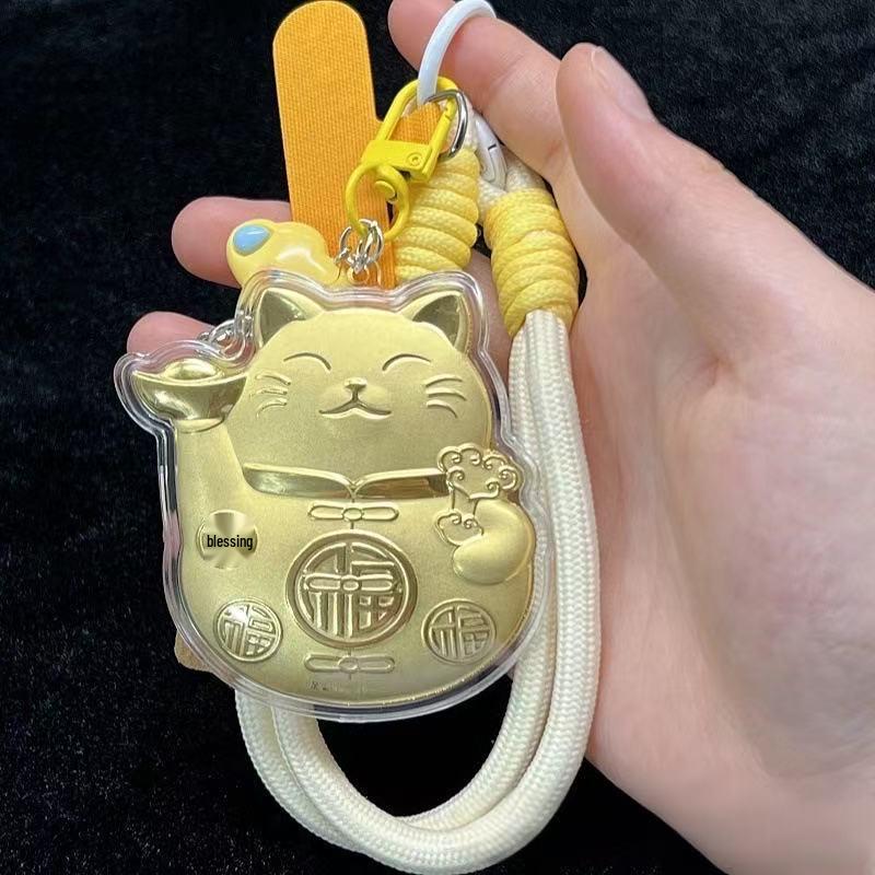 Shuibei 999 Fine Gold Lucky Cat Wealth Ingot Mobile Phone Lanyard & Bag Pendant