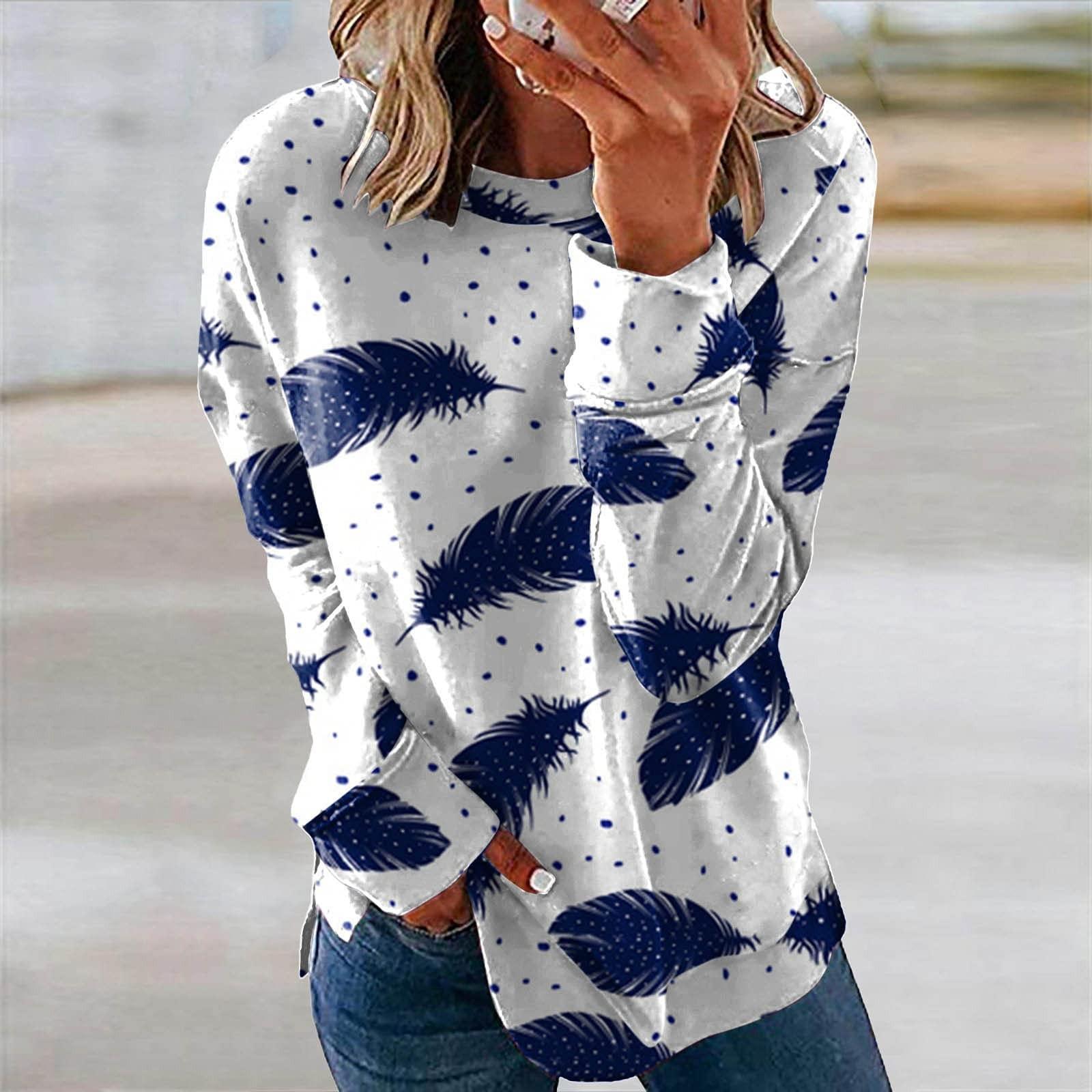 

Ladies Casual Fashion Print Long Sleeve Round Neck Pullover T-Shirt Top L синій