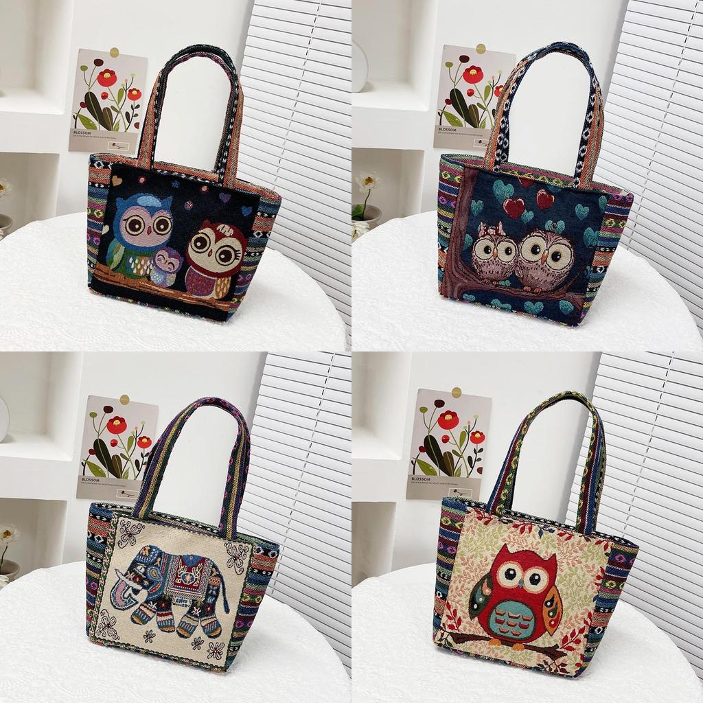 Cartoon Elephant Owl Canvas Handbag With Embroidery For Daily Casual Use