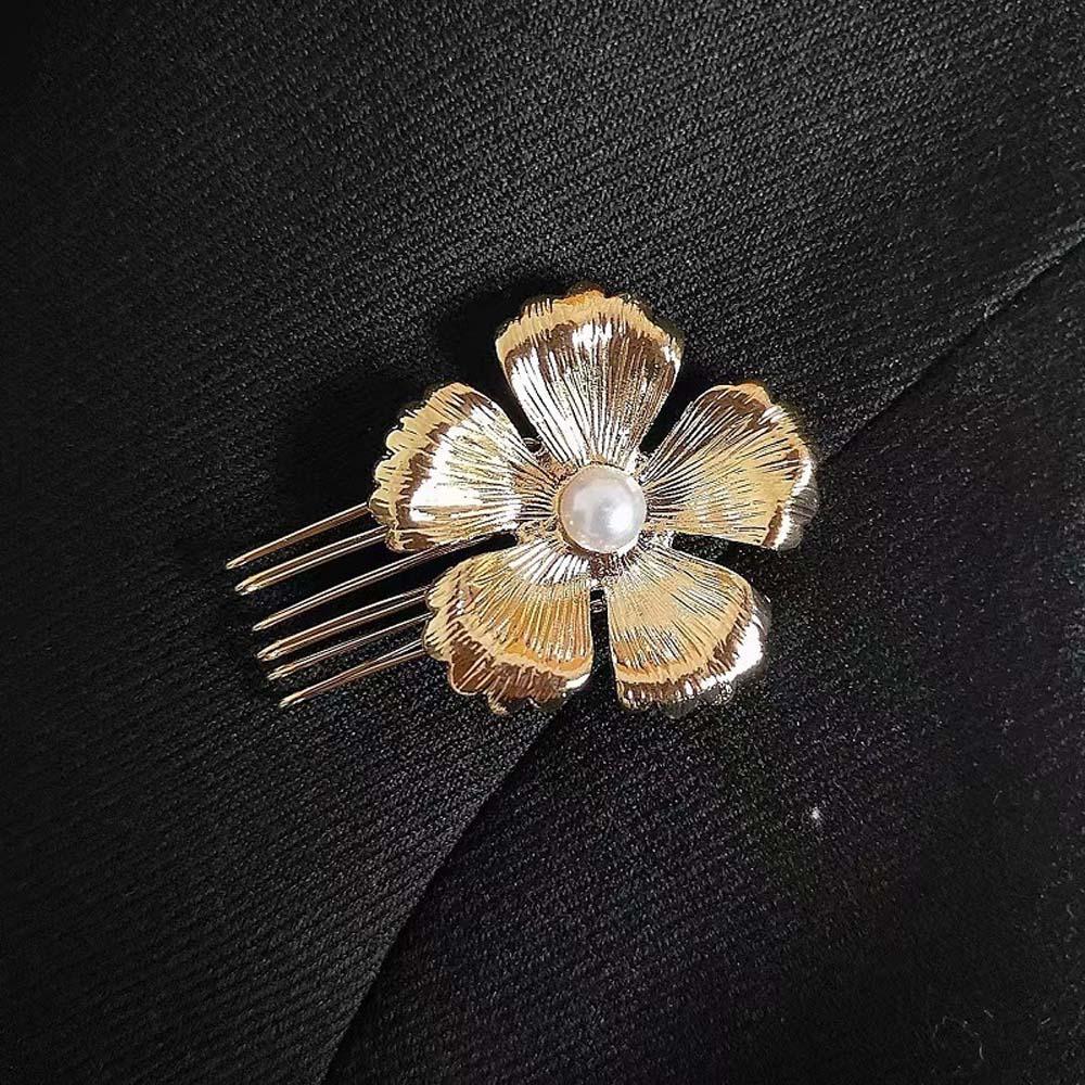 5pcs Elegant Golden Flower Hair Forks Hairstyle Tools Wave Zinc Zinc Alloy Barrettes Pearl Side Clips Wedding