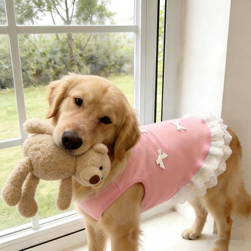 Spring Summer Thin Breathable Pink Blue Bow and Lace Decorative Dress Suitable for Medium and Large Pet Dog Clothing