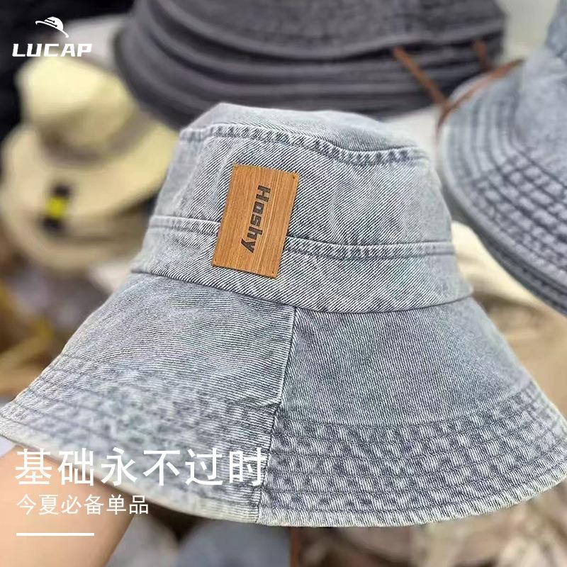 Washed denim bucket hat women's spring summer outdoor camping mountaineering hat showing small face big head circumference western denim hat