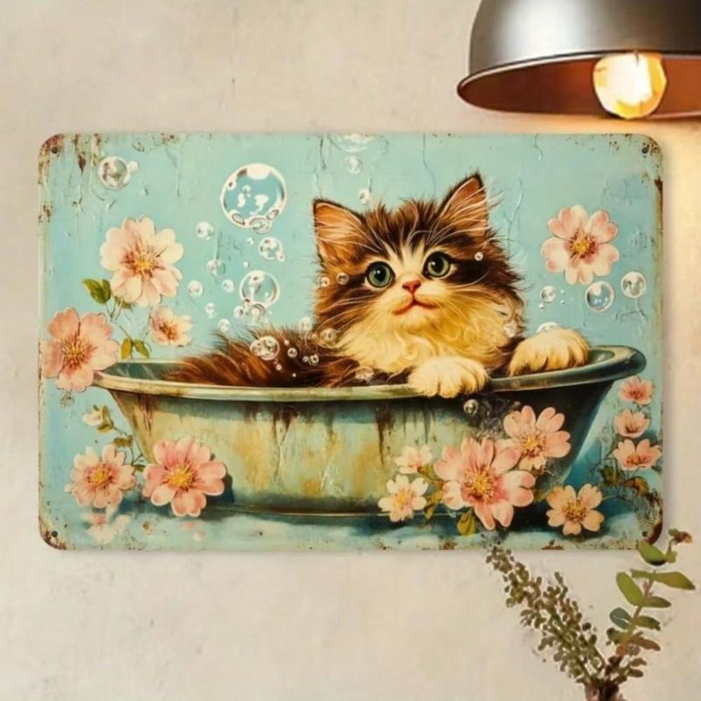 Vintage Metall Blechschild Kätzchen Blumen Wandkunst Retro Katze Poster Badezimmer Dekor