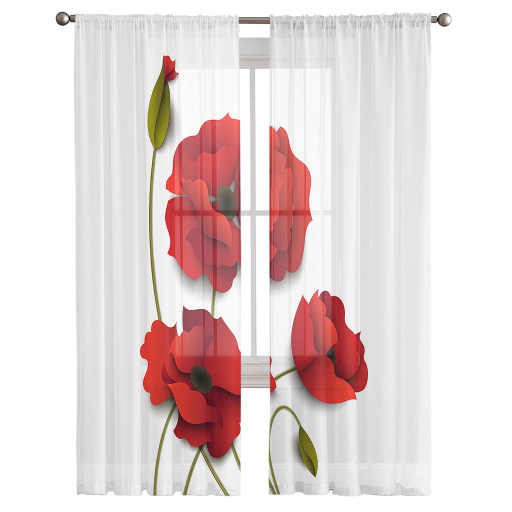 Red Flower Poppy Flower Tulle Curtains For Living Room Decoration Modern Chiffon Sheer Voile Kitchen Curtain