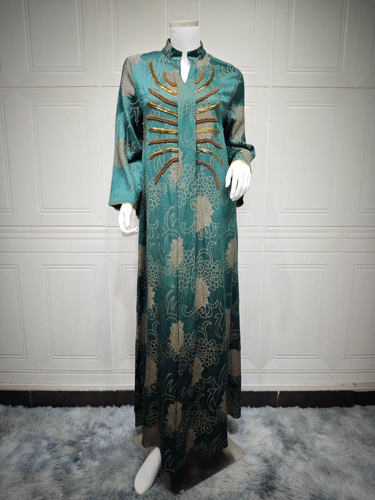 AB402 V-Neck Jacquard Beaded Dubai Dress - Women's Middle Eastern Muslim Robe
