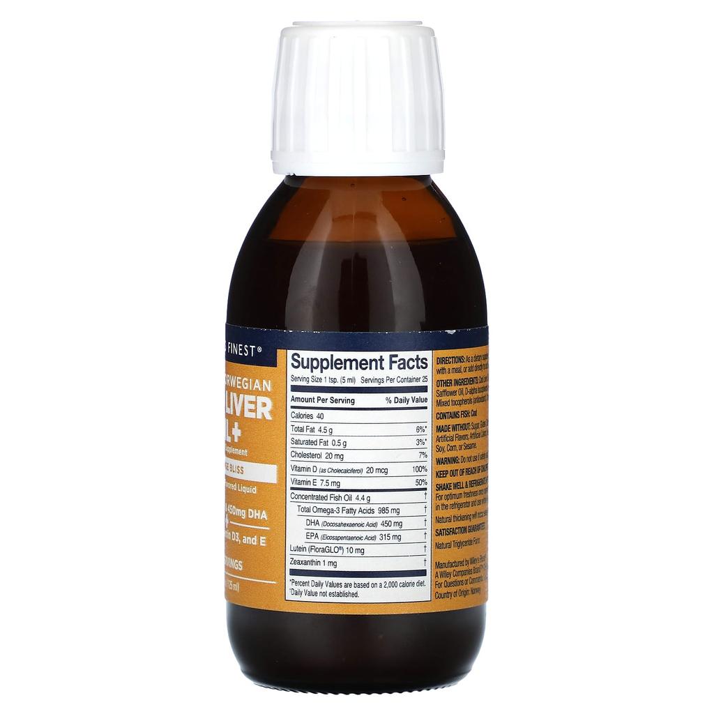 Wiley's Finest Norwegian Wild Cod Liver Oil+, Orange Bliss, 4.23 Fl Oz (125 Ml)