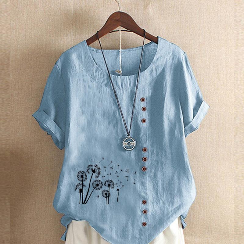 Women's Fashion Black Dandelion Prined Short Sleeve T-shirt Loose Cotton Shirt Casual Loose Summer Plus Size Blouse Tops