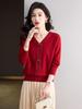 Rhinestone Bow Knit Heart V-Neck Sweater - Women's 2025 Autumn/Winter Base Layer
