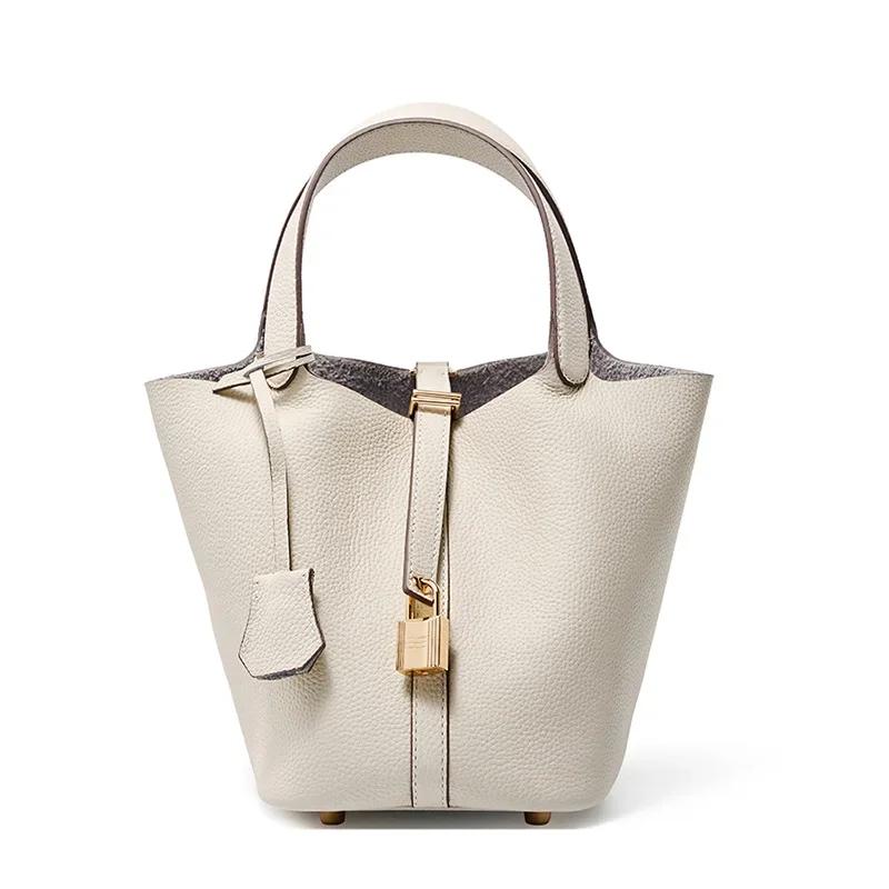 Luxury Brand Genuine Leather Shoulder Bucket Bag Women Litchi Pattern Mini Basket Tote Soft Handbag Mommy Bride Wedding Bags with Lock
