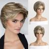 Women Synthetic Short Wavy Wigs Stylish Layered Mixed Blonde Brown Hair with Bangs for Daily Party Costume Heat Resistant Fibre