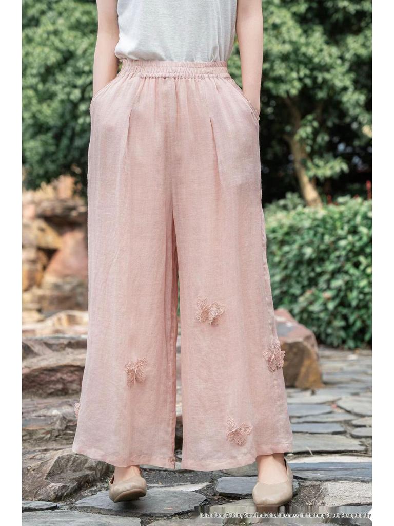 Artistic Retro High-Waisted Embroidered Ramie Pants - Spring 2026 Women's Casual Loose Straight-Leg Style.