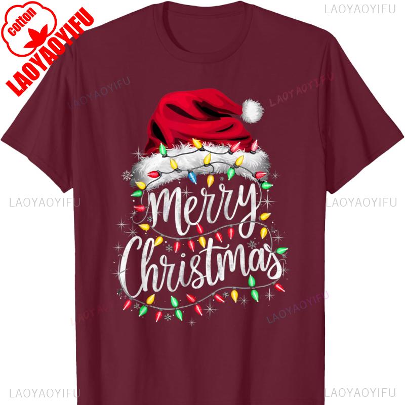 Red Santa Lights Design Christmas Cotton Tshirt for Men and Women Crew Neck Short Sleeve  All Seasons Casual Fashion Soft Ideal