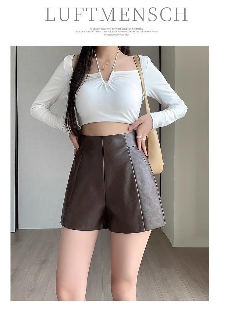 Women's High-Waist Leather Shorts - Slimming A-Line, Wide-Leg, Korean Style for Autumn/Winter 2023