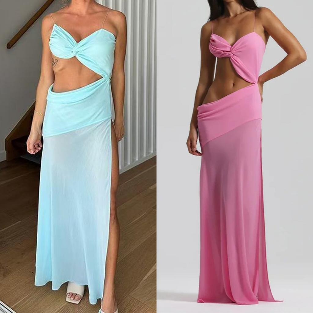 Women's Solid Color Sexy Slim Fit High Waist Slit Camisole Hollow Out Maxi Dress, European American Style Strapless Long Dress