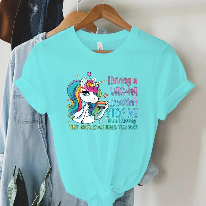 Rainbow Unicorn T Shirt Funny Cartoon Tops Summer Women Streetwear Y2K Aesthetic T Shirts Grunge Harajuku Tee Shirt Female