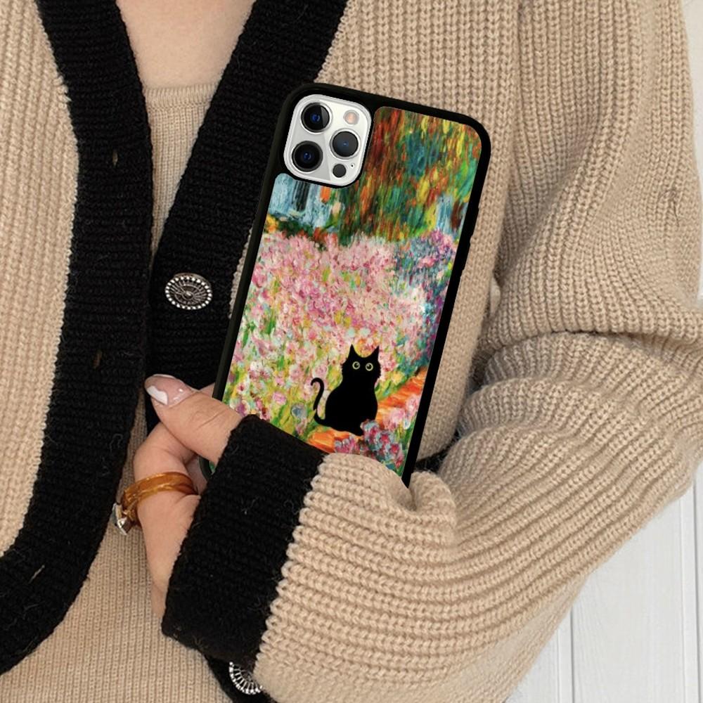 Cartoon Animal Black Cat Oil Painting Phone Case Silicone PC+TPU For For iPhone  11 12 13 14 15 16 Plus Pro Max Cover