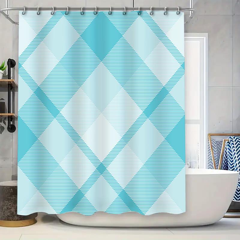 

Blue White Plaid Shower Curtain Bath Decor For Home Decoration Waterproof Fabric Modern Design (250X180Cm) W60H190(CM)-1 Pcs