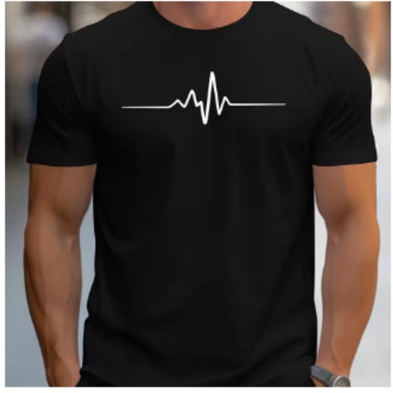 Men Heartbeat Print Short Sleeve T Shirt Crew Neck Casual ECG Line Graphic Tee