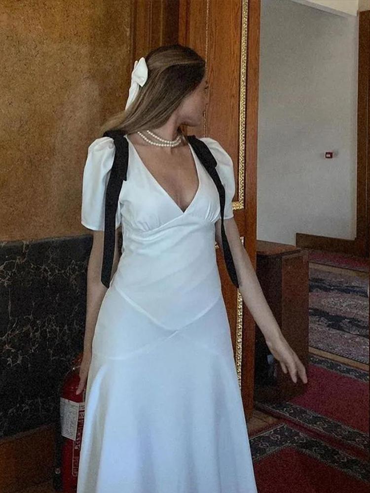 Bogen Patchwork V-Ausschnitt Kurzarm Damenkleid Sommer Party A-Linie Damen Lange Robe