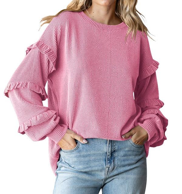 

Женский топ с рукавами-фонариками, круглым вырезом и кружевными рукавами XL розовый