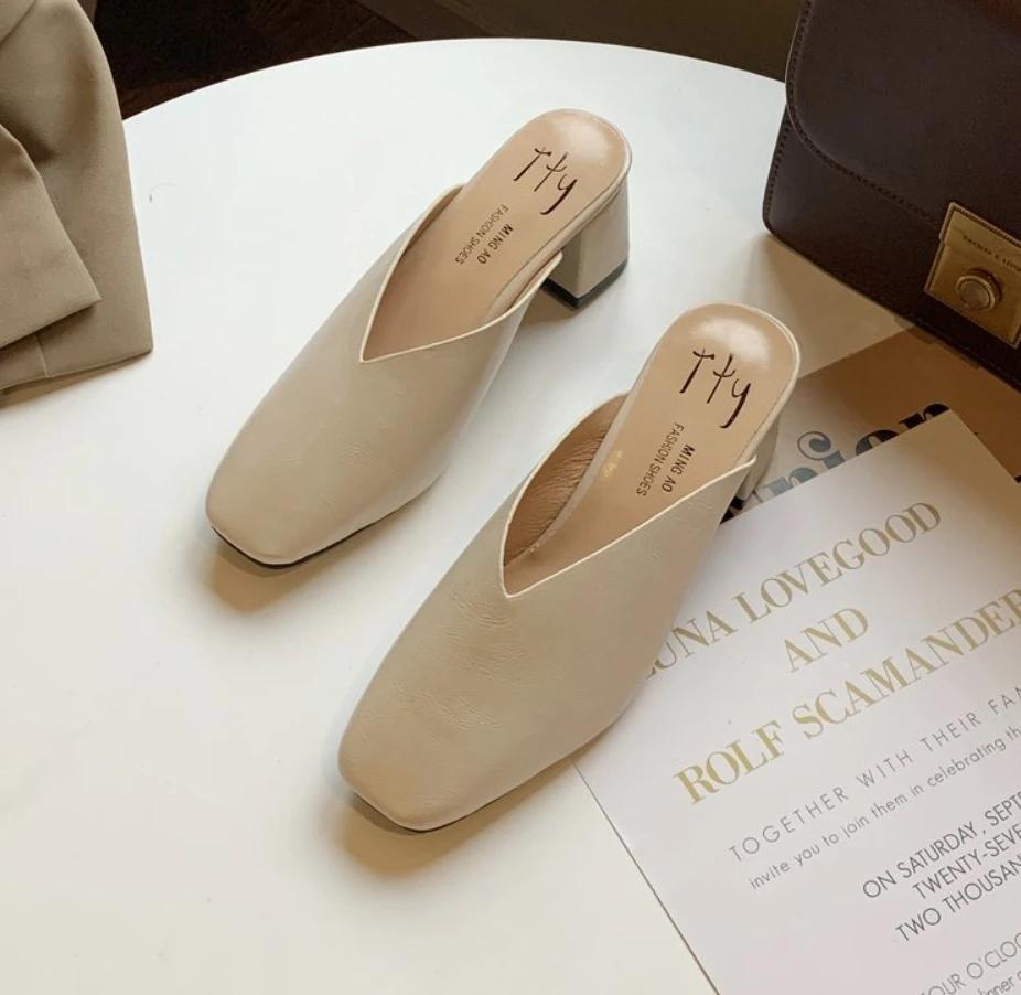 Baotou Half Slippers Women 2024 Summer New Outer Wear Fashion Solid Color Square Toe Thick Heel High-heeled Women's Shoes