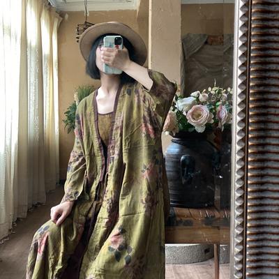 Summer Woman Cotton Vintage Retro Loose Frenulum Coat Chinese Style V-Neck Print Long Sleeves Coat