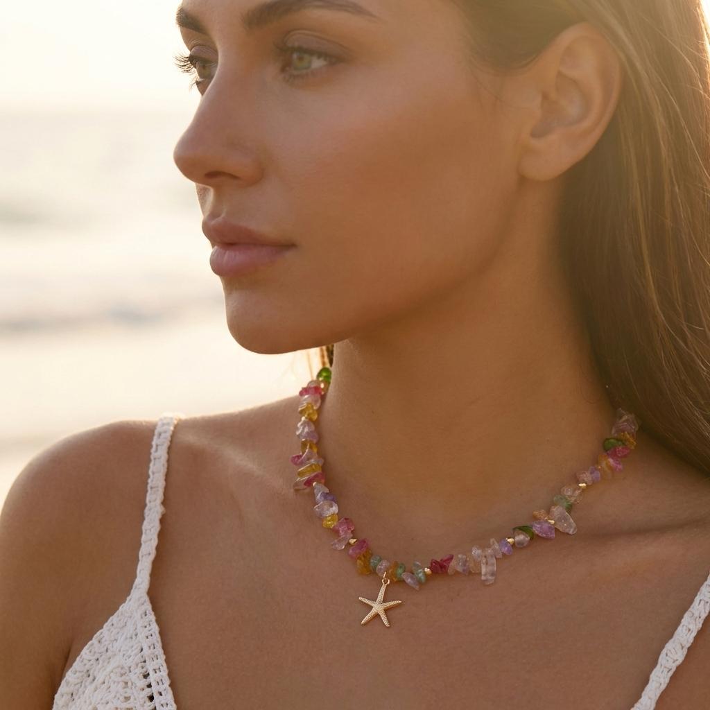 Bohemian Colorful Natural Crushed Stone Choker for Women Creative Crystal Beaded Starfish Pendant Necklace Beach Jewelry Gift