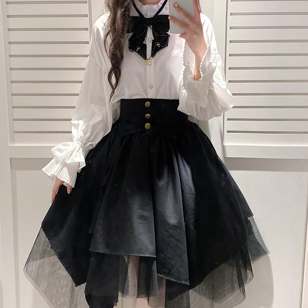 WANSHIX Gothic Long Sleeve Ribbon Blouse and Tulle Skirt Cute Princess Landmine Winter Black and Women's 3-Piece Set, Lolita, Style, Style, Spring,