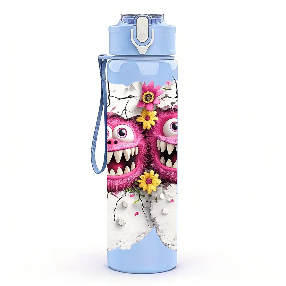 1PC Twin Monster Halloween Cartoon Print 750ml Color Plastic Sports Water Bottle Leakproof Flip Straw Lid Suitable for Sports Office Home Use