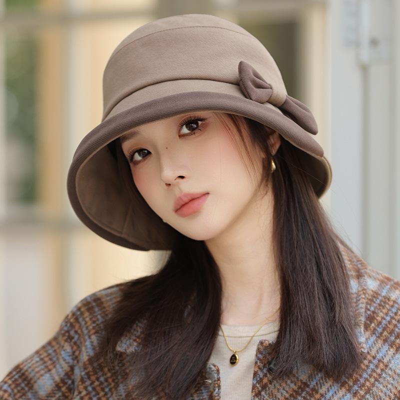 Autumn and winter hat women's casual versatile bucket hat shading bow basin hat showing face small bucket hat