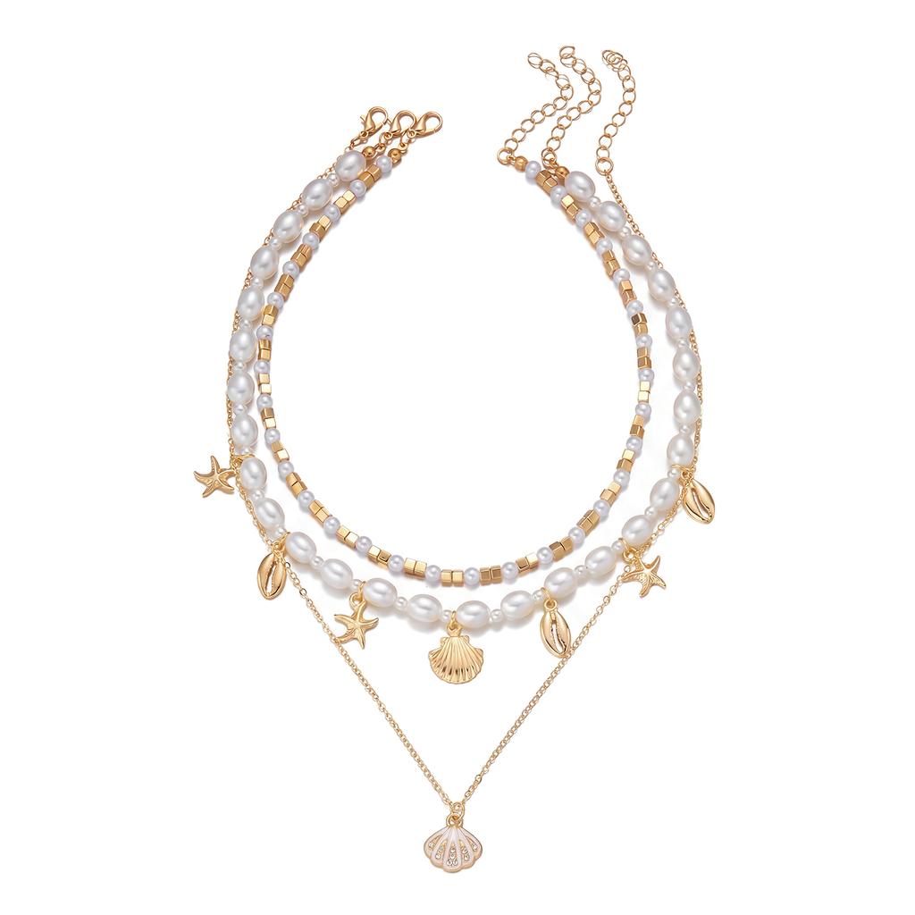 Layered Simulated Pearl Starfish Shell Necklace Summer Beach Boho Choker Jewelry For Women