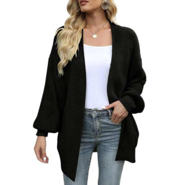 

Women Sweater Open Front Knitting Coat Lantern Long Sleeve Collarless Solid Color Loose Fit Mid Length Outwear M чёрный