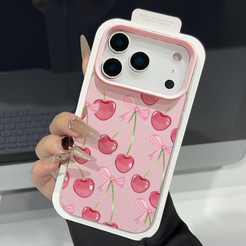 Custodia con Motivo di Frutti di Ciliegia Cristallini e Fiocchi per iPhone 17 Pro Max Copertura Morbida in Silicone con Texture in Pelle per iPhone 16 15 14 13 Pro 12 11 16E Air