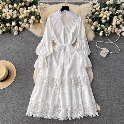 Spring Autumn Hollow Out Lace Patchwork Loose Holiday Seaside Dress Women's V Neck Long Flare Sleeve Belt Solid Color Party Dresses